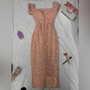 Elegant Peach Sequin Midi Dress